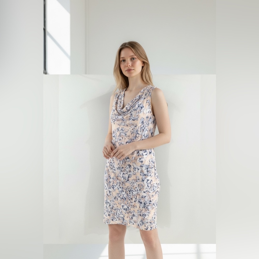 French Connection Blue & Orange Floral Wrap Front Knit Dress Size Medium